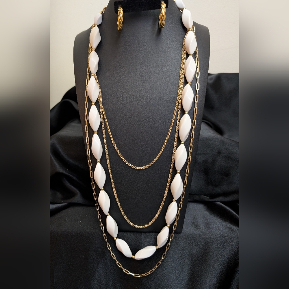 #56.Trifari White Lucite  Necklace with Vintage Earrings & Germany Gold Neck